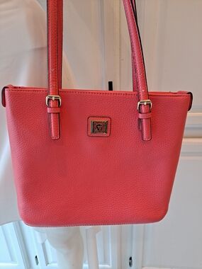 Anne Klein Coral-Pink Pebbled PVC Shoulder Tote With Gold Hardware